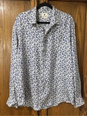 Metiseko 100% Silk Blue and White Popover Long Sleeve Flowy Tunic Blouse XL NWOT